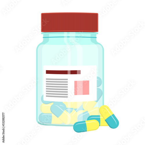 Transparent plastic, blue amber glass bottles for medicines full of pills or dragee vials closed with cap isolated 