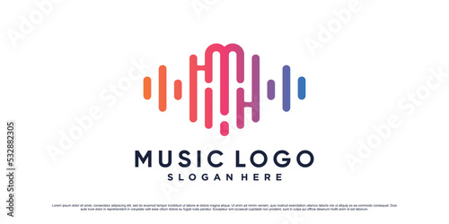 Music logo design initial letter m for audio technology with wave element and creative concept