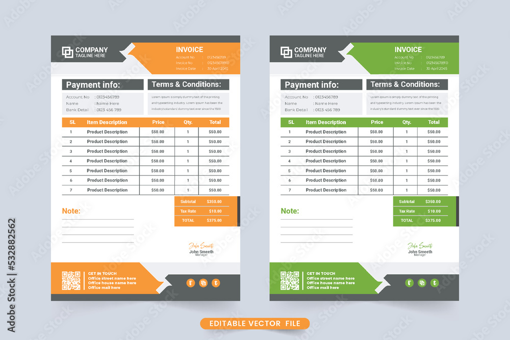 Payment agreement and invoice bill template vector with green and orange colors. Business invoice and product purchase voucher design with abstract shapes. Professional cash receipt decoration.