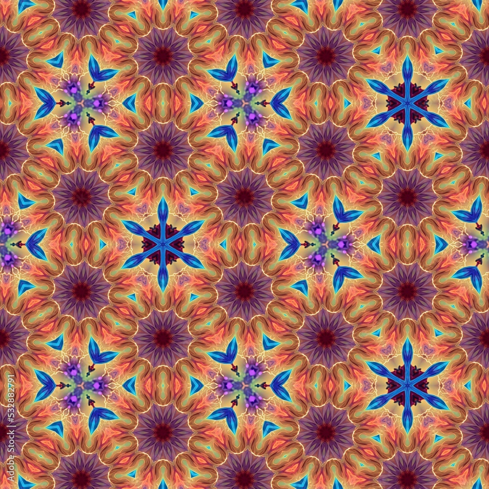 Kaleidoscope background pattern and wisteria flower seamless pattern creative concept beautiful and blooming elements. Great for corporate, business, decoration and website use
