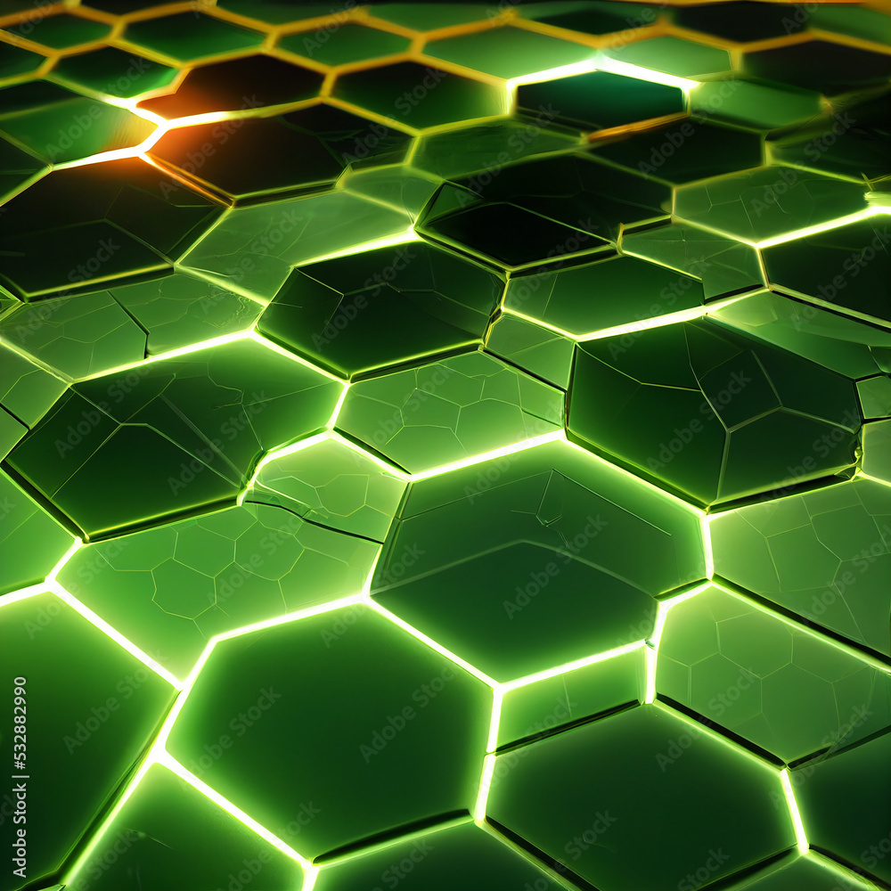 Wall of glowing green hexagons 3D rendering
