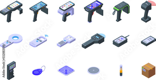 Rfid icons set isometric vector. Retail store. Check access photo