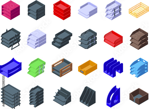 Paper tray icons set isometric vector. Office rack. Storage file