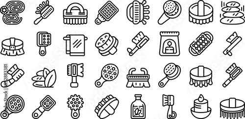 Body massage brush icons set outline vector. Spa bath. Wood brush