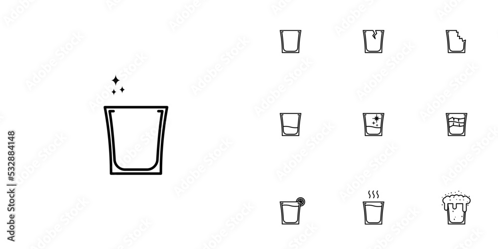 ten sets of shot glass line icons. with ice cube, lemon, hot water, cold water, soda and foam. simple, line, silhouette and clean style. black and white. suitable for symbols, signs, icons or logos ten sets of shot glass line icons. with ice cube, lemon, hot water, cold water, soda and foam. simple, line, silhouette and clean style. black and white. suitable for symbols, signs, icons or logos