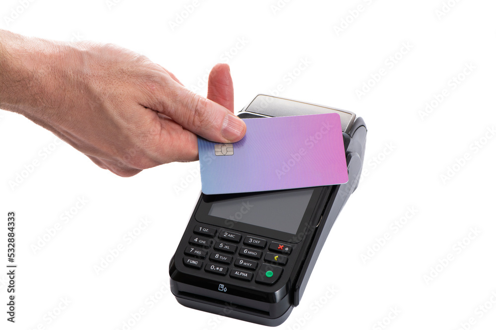 Attached plastic card to the payment terminal with a man's hand on a white isolated background, copy space Attached plastic card to the payment terminal with a man's hand on a white isolated background, copy space