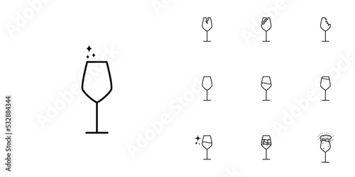 ten sets of white wine glass line icons. with ice cube, soda, foam and cold water. simple, line, silhouette and clean style. black and white. suitable for symbols, signs, icons or logos