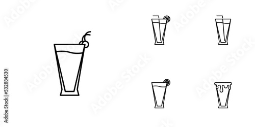 five sets of pilsner glass line icons. with a straw, lemon and cherry. simple, line, silhouette and clean style. black and white. suitable for symbols, signs, icons or logos