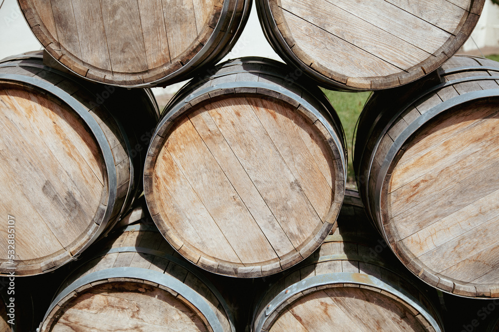 Oak barrels for storing wine.