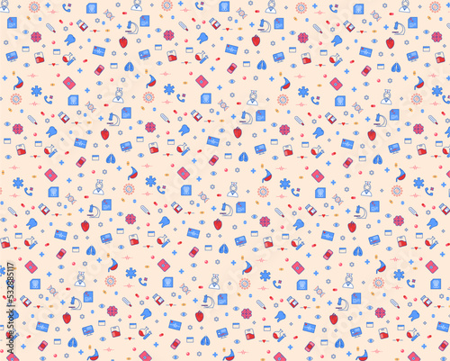 medical pattern microscope doctor case heart the lungs blood tooth cross brains test tubes thermometer plaster card tablet