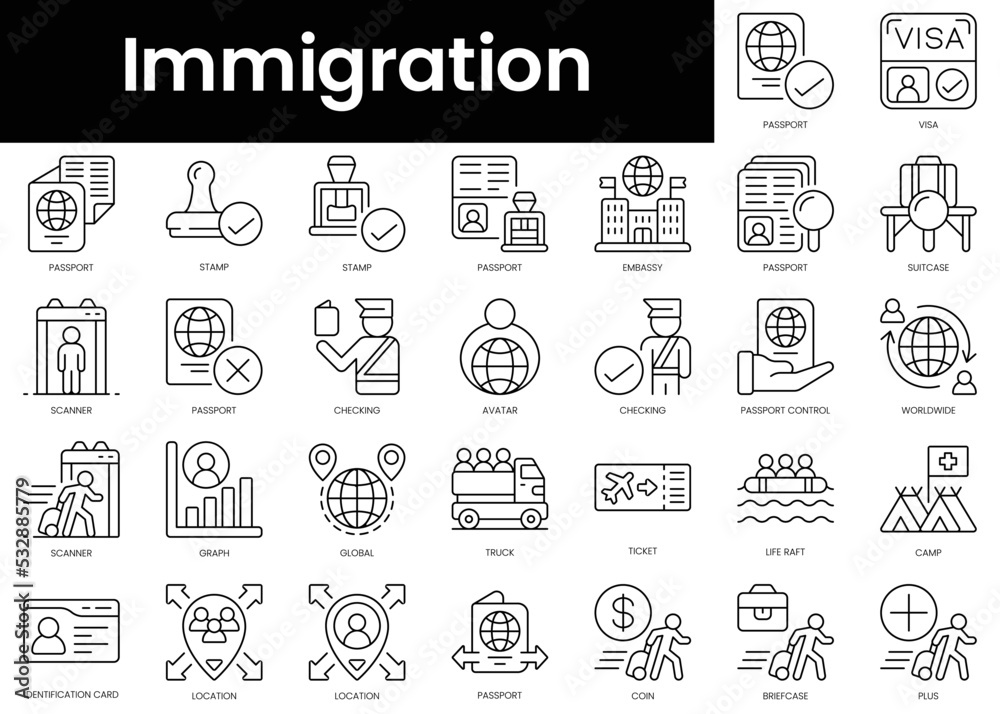 Set of outline immigration icons. Minimalist thin linear web icon set. vector illustration. - obrazy, fototapety, plakaty 