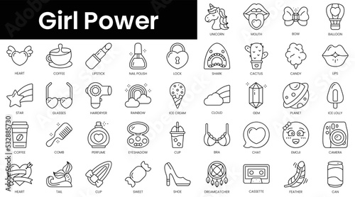 Set of outline girl power icons. Minimalist thin linear web icon set. vector illustration.