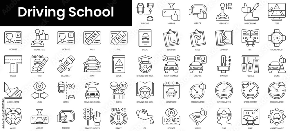 Set of outline driving school icons. Minimalist thin linear web icon set. vector illustration.