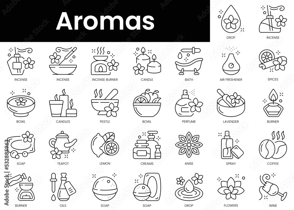 Set of outline aromas icons. Minimalist thin linear web icon set. vector illustration.