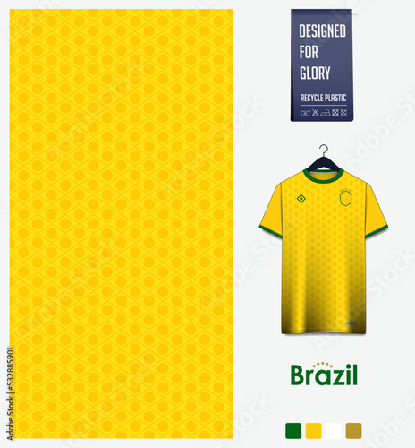 Soccer jersey pattern design. Brazil flag  pattern on yellow background for soccer kit, football kit, sports uniform. T shirt mockup template. Fabric pattern. Abstract background. 