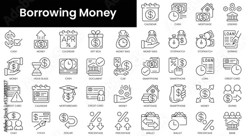 Set of outline borrowing money icons. Minimalist thin linear web icon set. vector illustration. photo