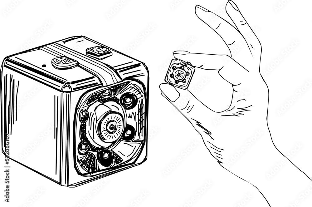 Hand holding hidden spy camera sketch drawing, mini Spy Camera outline