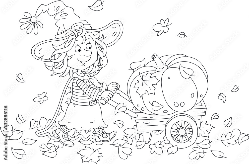 Happy little Halloween witch carrying a large ripe pumpkin in her garden wooden wheelbarrow through fallen autumn leaves, vector cartoon illustration isolated on white Happy little Halloween witch carrying a large ripe pumpkin in her garden wooden wheelbarrow through fallen autumn leaves, vector cartoon illustration isolated on white
