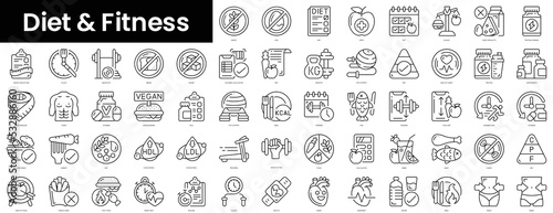 Set of outline diet and fitness icons. Minimalist thin linear web icon set. vector illustration.