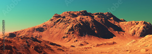 Mars planet landscape, 3d render of imaginary mars planet terrain, orange eroded desert mountains, realistic science fiction illustration. © Cobalt