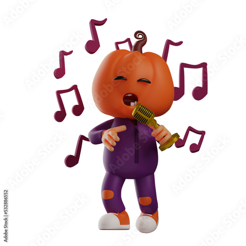 3D illustration. 3D Halloween Scarecrow Cartoon Character singing with a microphone. while listening to music. with a happy mood. 3D Cartoon Character