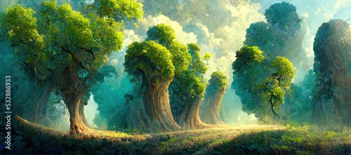 Lush green fairytale forest, majestic ancient oak trees - pristine enchanting woods. Secluded grove full of mystical magical energy. Beautiful fantasy watercolor stylized backdrop. 