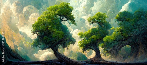 Lush green fairytale forest, majestic ancient oak trees - pristine enchanting woods. Secluded grove full of mystical magical energy. Beautiful fantasy watercolor stylized backdrop. 