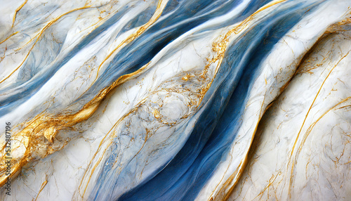 Abstract luxury marble background. Digital art marbling texture. Blue, gold and white colors. 3d illustration © NadiaArts