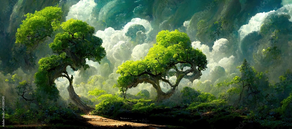 Lush green fairytale forest, majestic ancient oak trees - pristine enchanting woods. Secluded grove full of mystical magical energy. Beautiful fantasy watercolor stylized backdrop. Lush green fairytale forest, majestic ancient oak trees - pristine enchanting woods. Secluded grove full of mystical magical energy. Beautiful fantasy watercolor stylized backdrop.