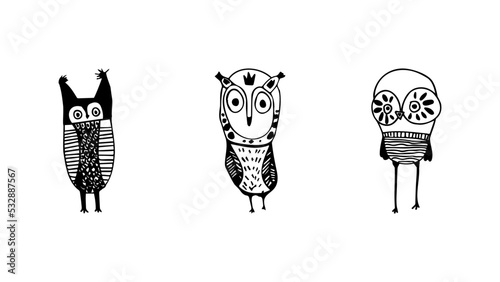 Vector graphic of Hand drawn owl set isolated on white background. Owl sketch black and white hand drawn image.