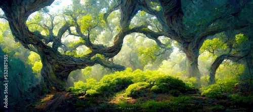 Lush green fairytale forest  majestic ancient oak trees - pristine enchanting woods. Secluded grove full of mystical magical energy. Beautiful fantasy watercolor stylized backdrop. 