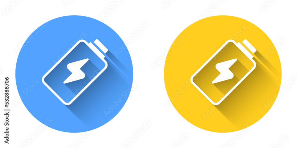 White Battery charge level indicator icon isolated with long shadow background. Circle button. Vector