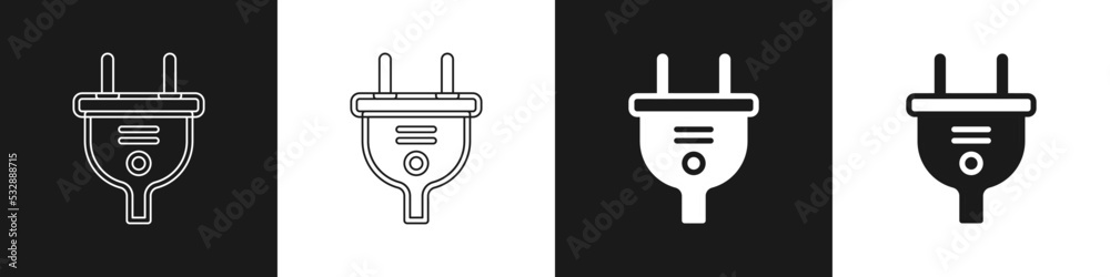 Set Electric plug icon isolated on black and white background. Concept of connection and disconnection of the electricity. Vector Set Electric plug icon isolated on black and white background. Concept of connection and disconnection of the electricity. Vector