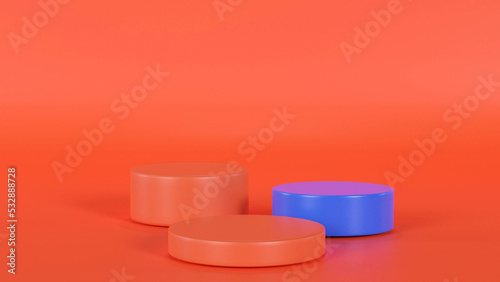 Podium for presenting red and blue products. red background 3d rendering