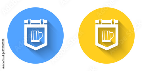 White Street signboard with glass of beer icon isolated with long shadow background. Suitable for advertisements bar, cafe, pub, restaurant. Circle button. Vector