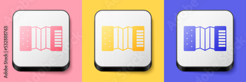 Isometric Musical instrument accordion icon isolated on pink, yellow and blue background. Classical bayan, harmonic. Square button. Vector