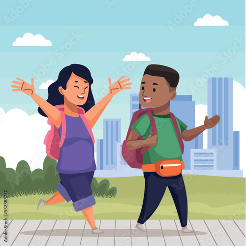 travelers couple walking