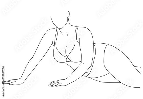A happy big plump woman with a beautiful plus-size body. A plump beauty with a curvy figure. Modern obese and sexy people. Linear art.
