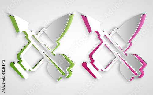 Paper cut Crossed bullet with arrow icon isolated on grey background. Paper art style. Vector