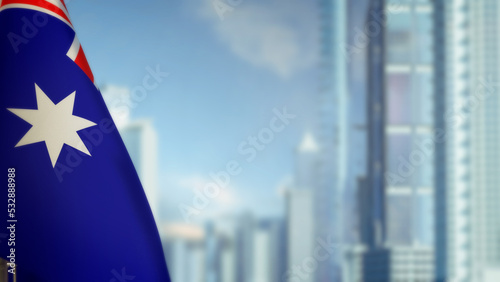 flag of Australia on modern city architecture bokeh bg for national holiday - abstract 3D illustration