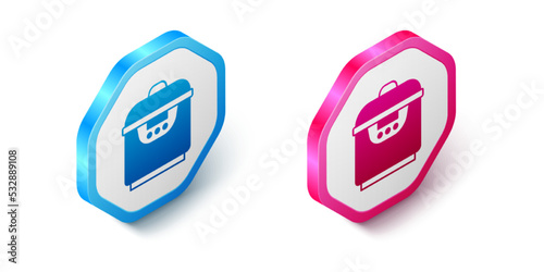 Isometric Slow cooker icon isolated on white background. Electric pan. Hexagon button. Vector