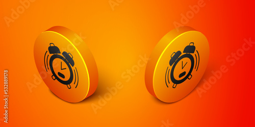 Isometric Alarm clock icon isolated on orange background. Wake up, get up concept. Time sign. Orange circle button. Vector