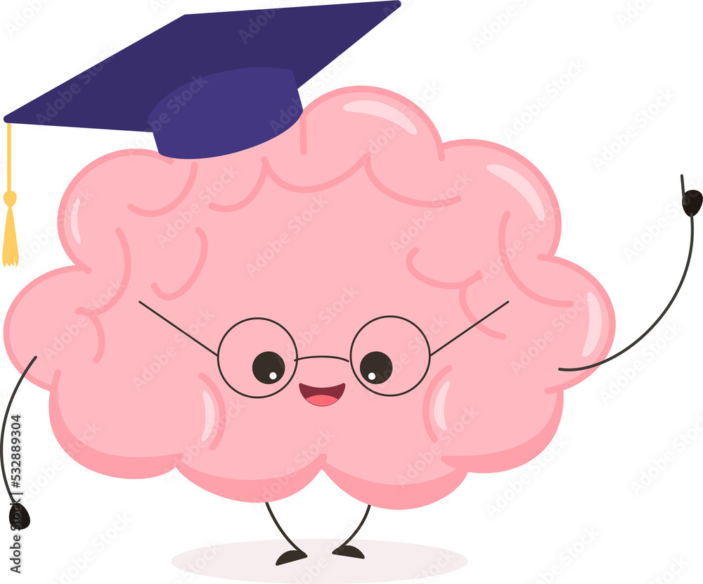Cute brain in graduation cap with diploma. Kawaii funny human brain character. Cartoon flat style. illustration