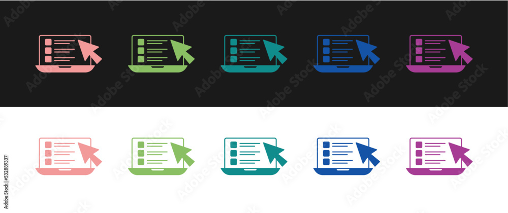 Set Online quiz, test, survey or checklist icon isolated on black and white background. Exam list. E-education concept. Vector