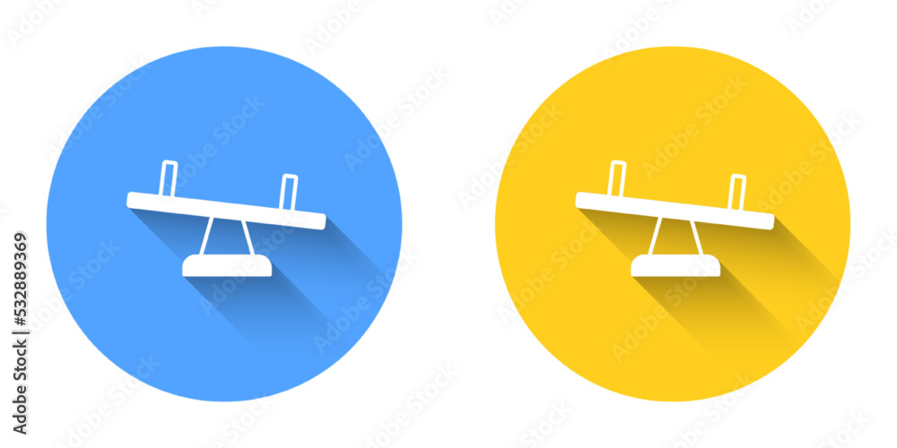 White Seesaw icon isolated with long shadow background. Teeter equal board. Playground symbol. Circle button. Vector