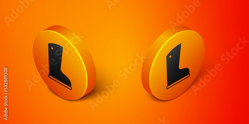Isometric Waterproof rubber boot icon isolated on orange background. Gumboots for rainy weather, fishing, gardening. Orange circle button. Vector