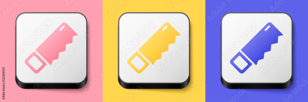 Isometric Hand saw icon isolated on pink, yellow and blue background. Square button. Vector Isometric Hand saw icon isolated on pink, yellow and blue background. Square button. Vector