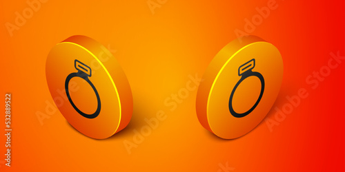 Isometric Fantasy magic stone ring with gem icon isolated on orange background. Orange circle button. Vector