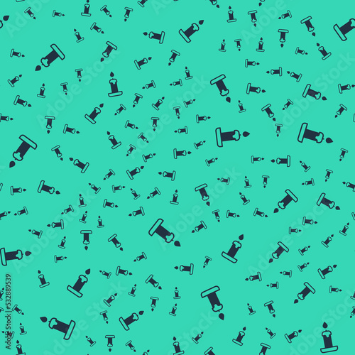 Black Burning candle in candlestick icon isolated seamless pattern on green background. Cylindrical candle stick with burning flame. Vector