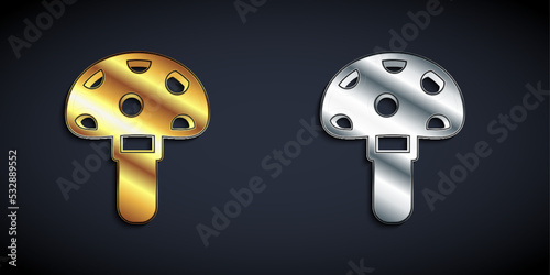 Gold and silver Psilocybin mushroom icon isolated on black background. Psychedelic hallucination. Long shadow style. Vector